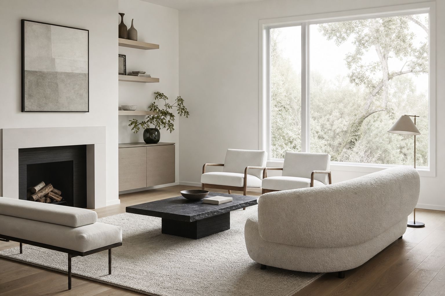 Concept image of a light, minimally staged living room