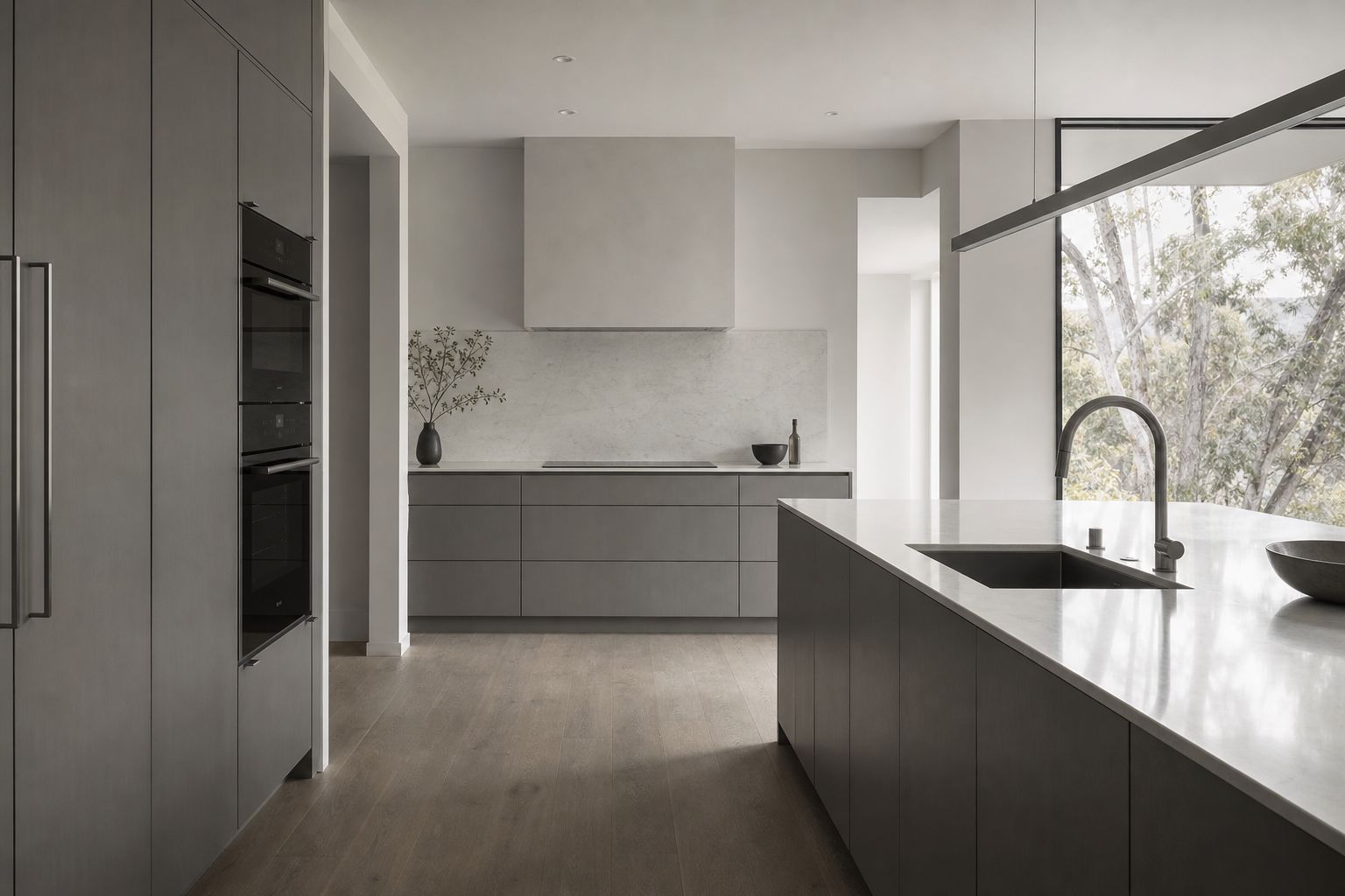 Concept image of a modern grey kitchen interior